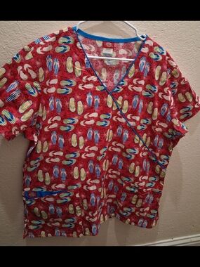 Dickies Red Flip-Flop Print Nursing Scrub Top with Blue Trim XL Healthcare
